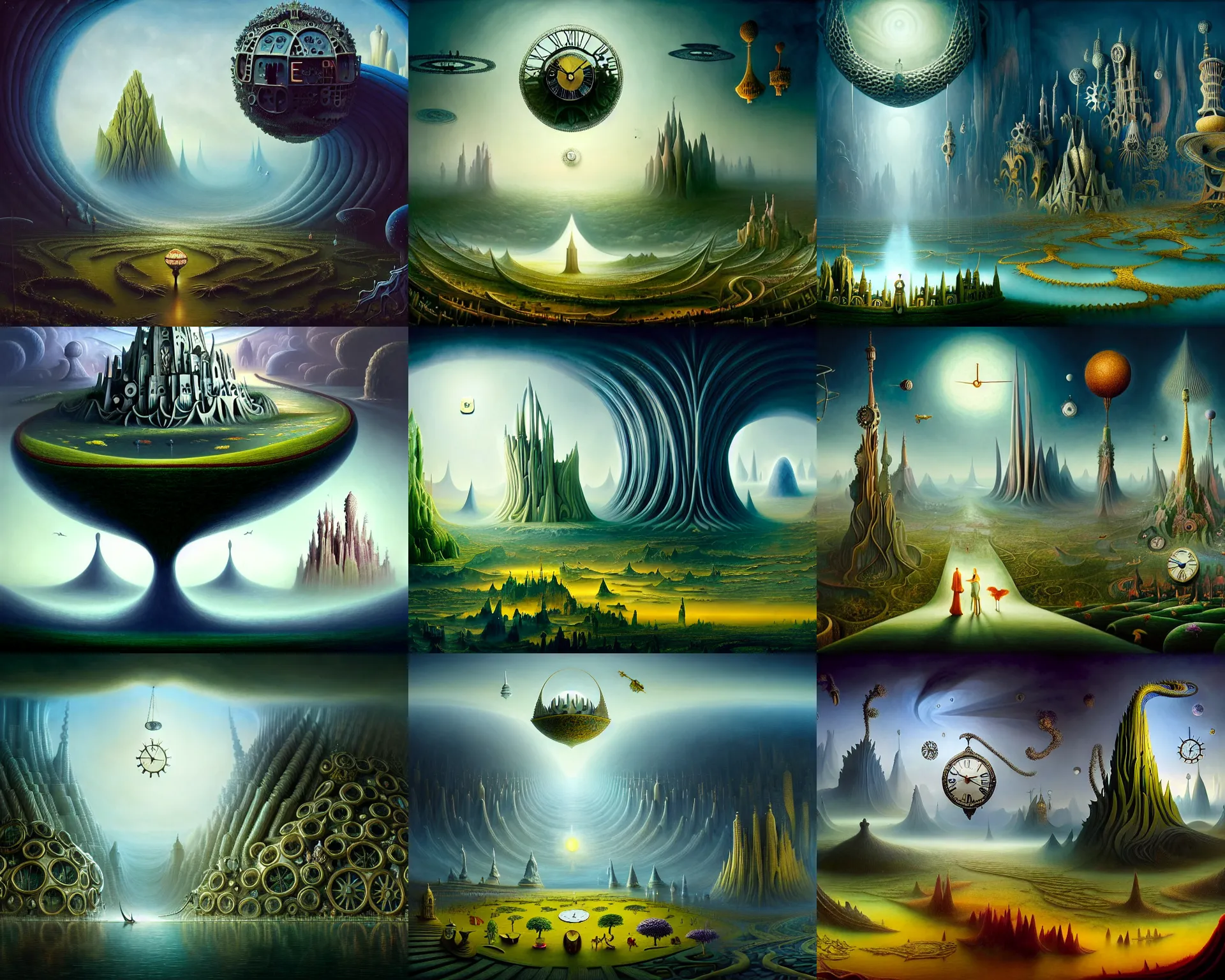 Prompt: a beguiling epic stunning beautiful and insanely detailed matte painting of dream worlds, the land of clocks and gears at the end of space and time with surreal architecture designed by Heironymous Bosch, with mega structures inspired by Heironymous Bosch's Garden of Earthly Delights, vast surreal landscape and horizon by Cyril Rolando and Natalie Shau and Frank Gehry and Noah Bradley, masterpiece!!!, grand!, imaginative!!!, whimsical!!, epic scale, intricate details, sense of awe, elite, wonder, insanely complex, masterful composition!!!, sharp focus, fantasy realism, dramatic lighting
