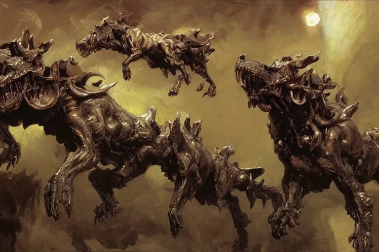 Image similar to hyperdetailed matte art of cerberus by ilya repin, amano, salvador dali, craig mullins