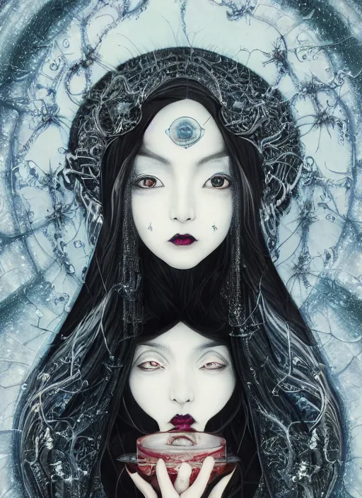 Prompt: breathtaking detailed art portrait painting of evil fantasy sorceress vampire, orthodox saint, with anxious, piercing eyes, ornate background, amalgamation of spells, by Hsiao-Ron Cheng, James jean, Miho Hirano, Hayao Miyazaki, extremely moody lighting, Black paper, cut paper texture, Full of light-blue and silver and white layers, 8K