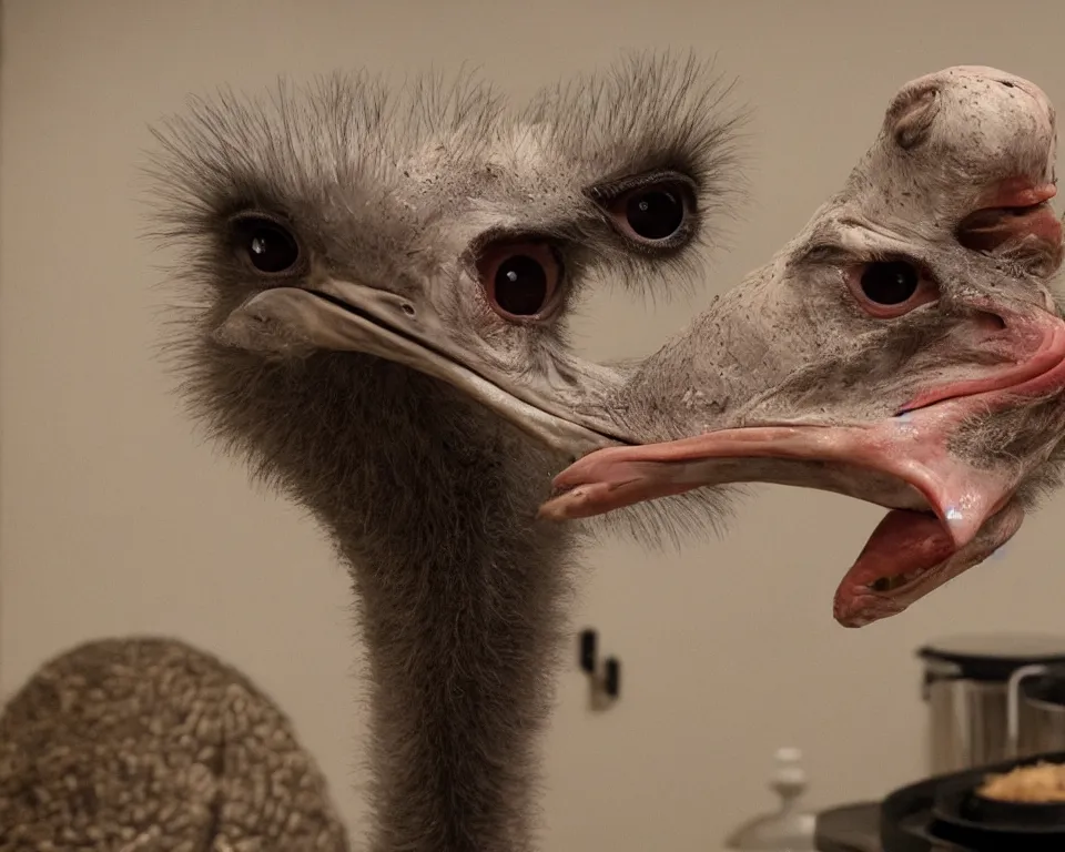 Image similar to a horror movie featuring a ostrich hosting a cooking show,