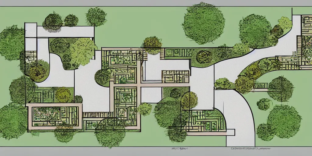 Image similar to overhead plans contemporary rectanguar landscape garden, in the style of frank lloyd wright inspiration.