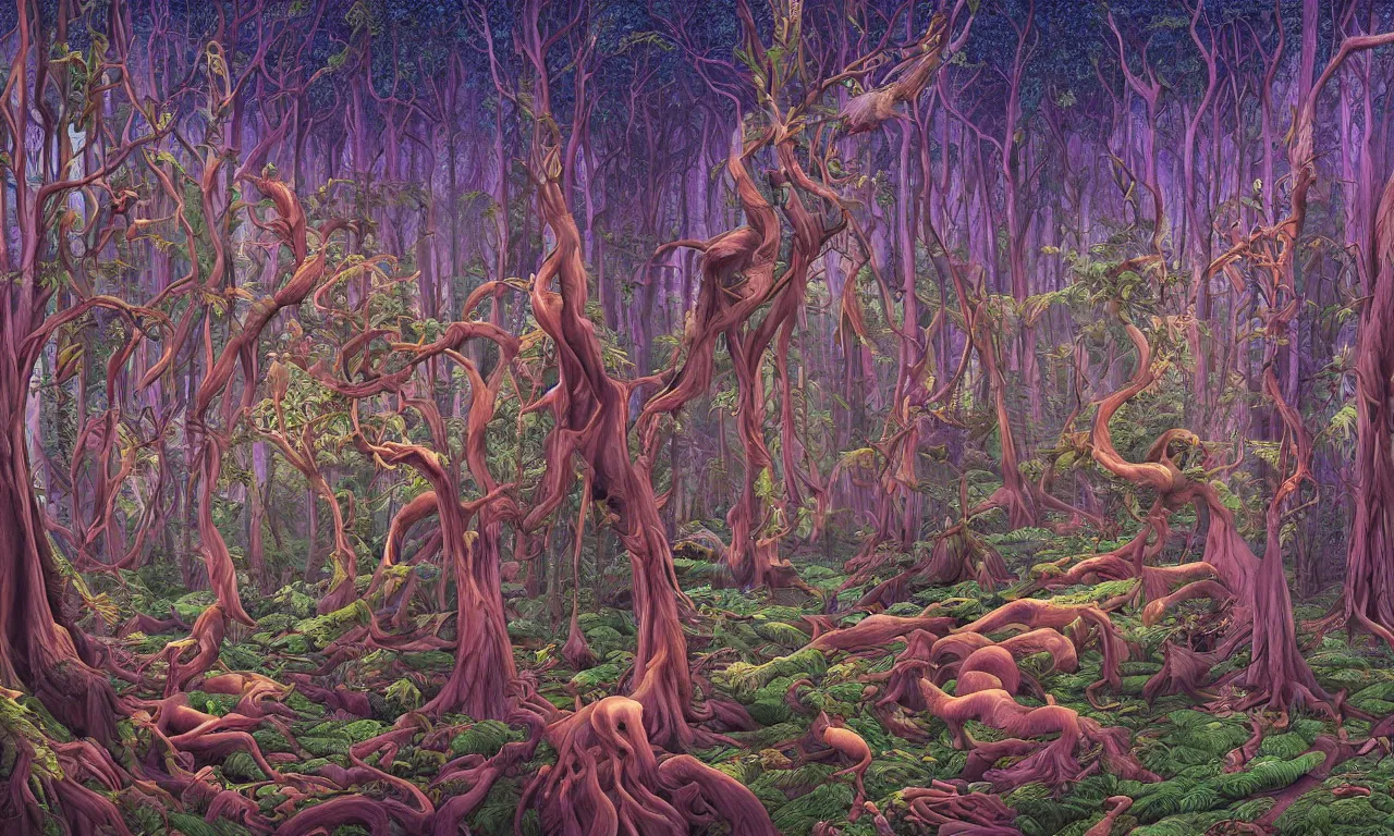 Prompt: mystical forest, illustration painting, oil on canvas, intricate, hd, digital art, overdetailed art, complementing colors, detailed, illustration painting by alex gray, digital art, moebius