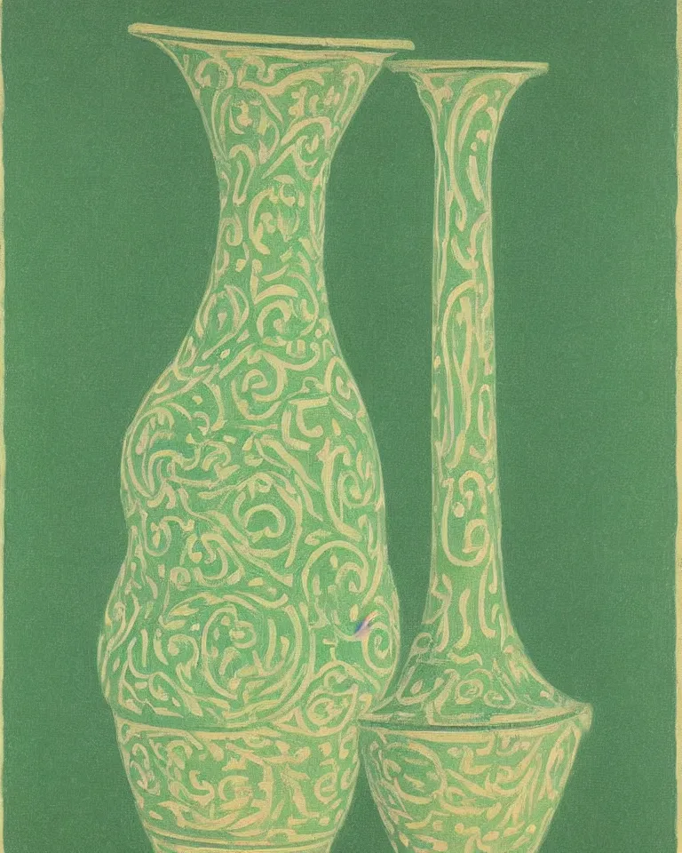 Prompt: achingly beautiful print of intricately painted ancient greek amphora on green pastel background by rene magritte, monet, and picasso.