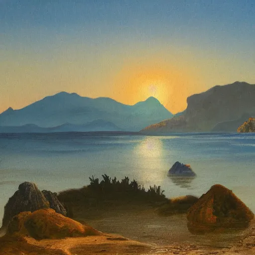 Prompt: mountains in the foreground, sea in the background at dawn, painting