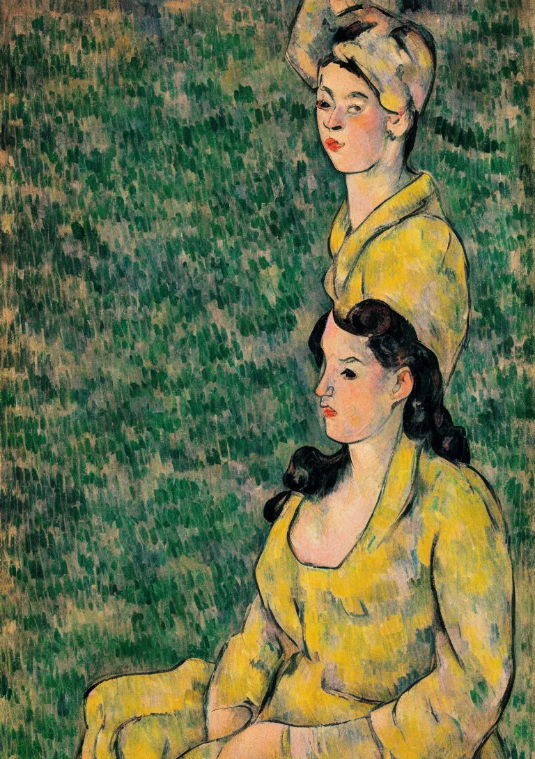 Image similar to a portrait of a young woman from the fifties, seated in front of a landscape background, her black hair is a long curly, she wears a dark green dress pleated in the front with yellow sleeves, puts her right hand on her left hand, post - impressionism, cezanne, gaugin, van gogh, seurat