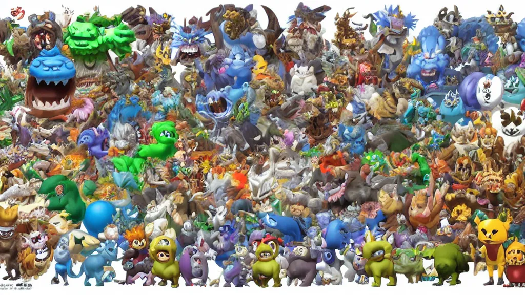 Prompt: many animals and monsters in a video game by Ken Sugimori illustration 3D render