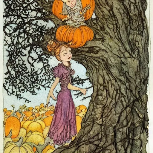 Image similar to a detailed, intricate watercolor and ink illustration with fine lines, of a young girl in a dress climbing a gnarled tree in a pumpkin patch, by arthur rackham and edmund dulac