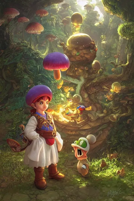 Image similar to portrait of Toad and Yoshi in the mushroom kingdom, D&D, fantasy, highly detailed, digital painting, artstation, concept art, smooth, sharp focus, illustration, art by artgerm and greg rutkowski and alphonse mucha