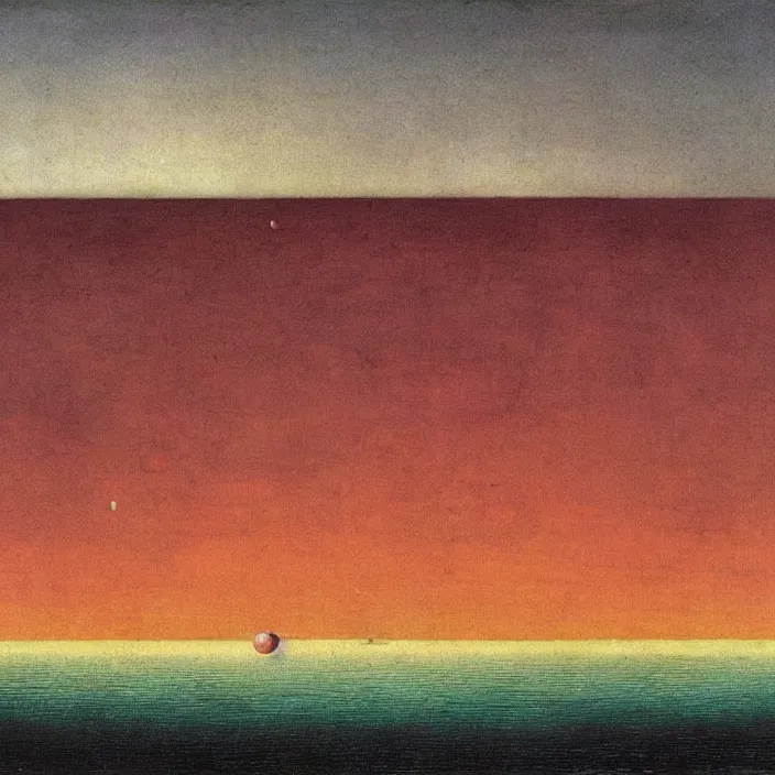 Image similar to the first color getting out of the primordial ocean to walk on land. sunset. codex seraphinianus. painting by yves tanguy, bruegel, walton ford, rene magritte, max ernst, matisse