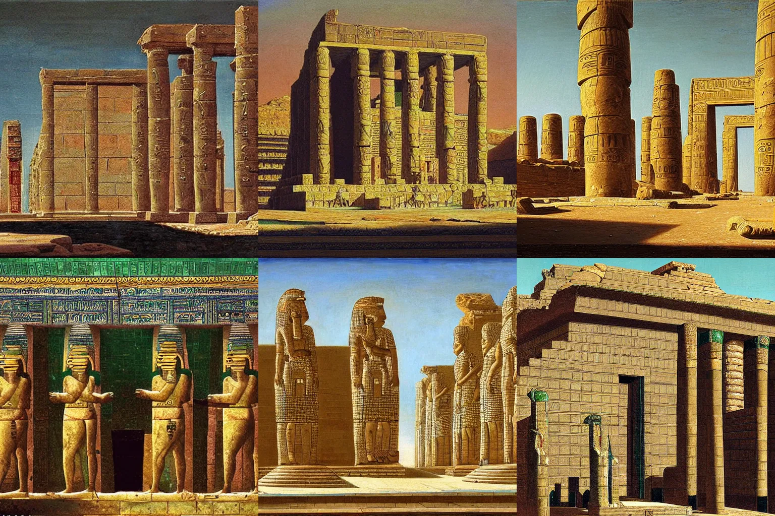 Prompt: the great sandstone temple of Sobek-Ra decorated in emerald and silver mosaic, painting by Jean-Léon Gérôme