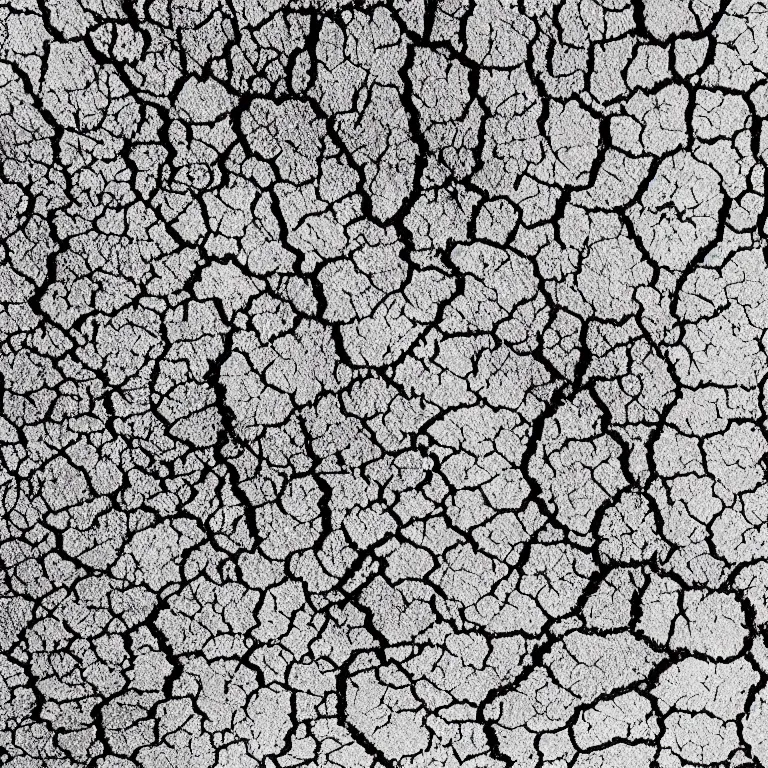 Image similar to a pen and ink line - art drawing of a dry cracked desert surface as viewed from above. black and white, hand - drawn, ink on paper.