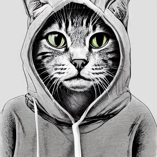 Prompt: cat, by ralph steadman, ambient occlusion, with a hoodie