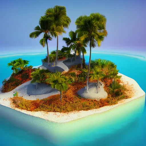 Prompt: 3 d render of many small floating islands in the sky overlooking a beautiful beach, octane render, unreal engine, vivid colours, trending on art station