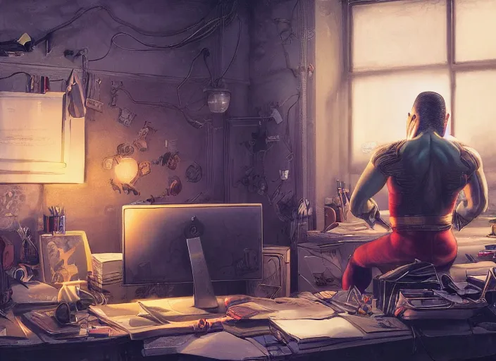 Image similar to an insanely detailed painting of an asian man wearing a homemade superhero costume, sitting at a desk, staring seriously at the computer and typing, in the style of peter mohrbacher, james jean, dramatic lighting and composition, surreal background, octane render, pixar, trending on artstation, concept art, comic book, view from behind, 8 k