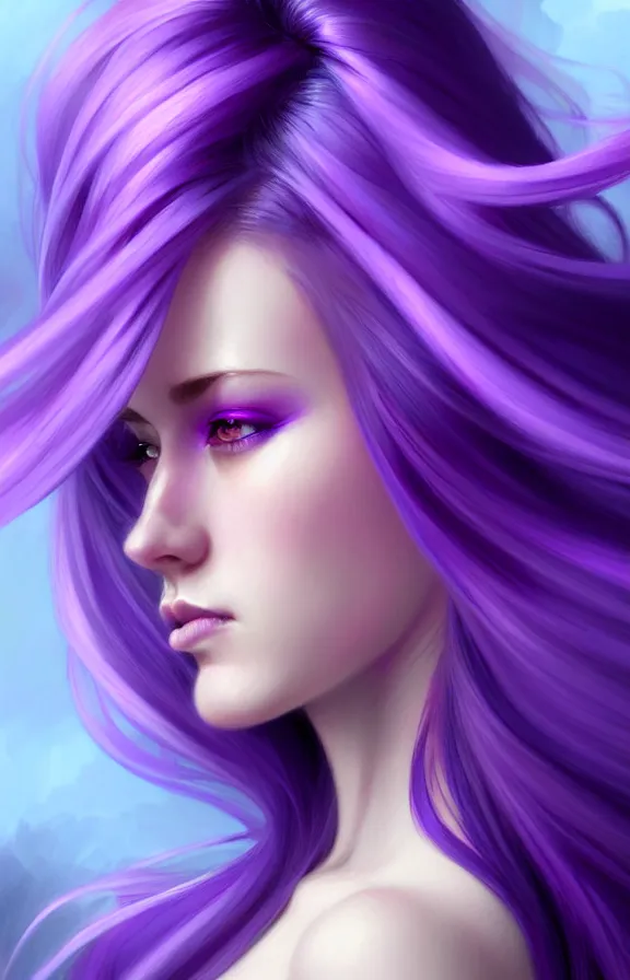 Image similar to Purple hair relistic Portrait of a woman with bright colored flying hair, all shades of purple. Hair coloring, long hair, blue eyes, fantasy, intricate, elegant, highly detailed, digital painting, artstation, concept art, smooth, sharp focus, illustration, art by artgerm and greg rutkowski and alphonse mucha