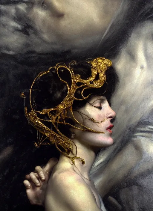 Prompt: highly detailed oil painting | very intricate | cinematic lighting | black, white and gold color scheme, dark background | god whispering on beethovens ear by alexander mcqueen | by roberto ferri, by gustav moreau, by singer sargent and klimt, american romanticism, occult art | by austin osman spare, artstation, cgsociety, official art, octane