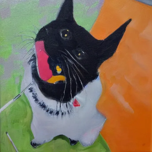 Prompt: To katter spiller bordtennis foran en orange baggrund, oil painting