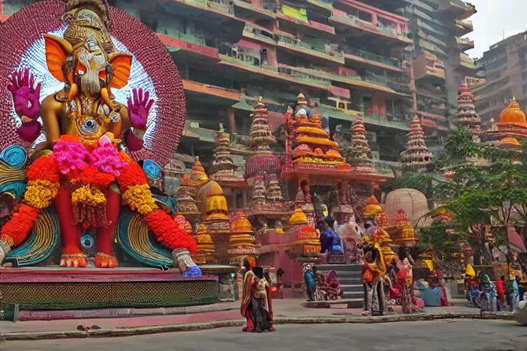 Prompt: beautiful futuristic new delhi, sharp technopunk ganesha!! building, kalighat flowers, highly detailed, stephen shore & john j. park, cinematic morning light, wide shot, ground angle, uhd 8 k, sharp focus