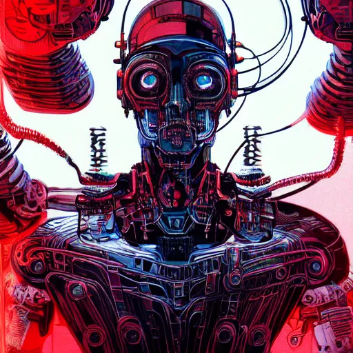 Prompt: concept art of a cyborg, cyberpunk, surrounded by smoke, award-winning art, black on red, hyperrealistic, by Philippe Druillet, by Kilian Eng, by Android Jones, computer screens in the background, trending on Artstation, dark, dramatic, cinematic, realistic studio lighting, raytracing, 4k, professional, canon