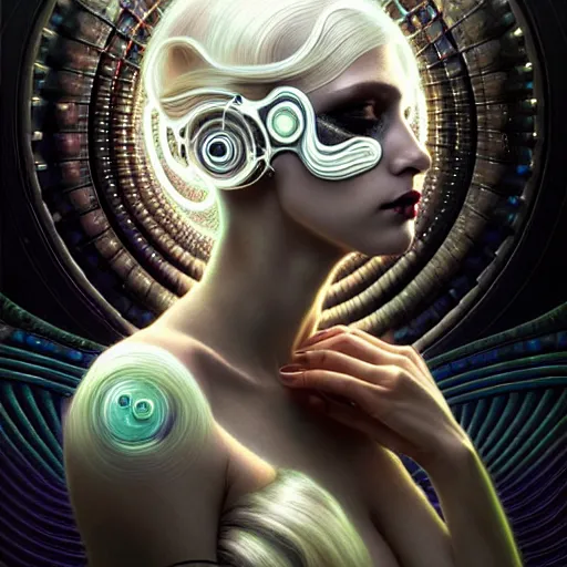 Image similar to extremely psychedelic beautiful cyborg queen of virus infected by night. intricate, elegant, highly detailed, extremely lifelike photorealistic digital painting, artstation. steichen, gaston bussiere, tom bagshaw, cyberpunk alphonse mucha. elegant minimalism. anatomically correct. sultry. sharp focus. black, white. surreal lush hallucination