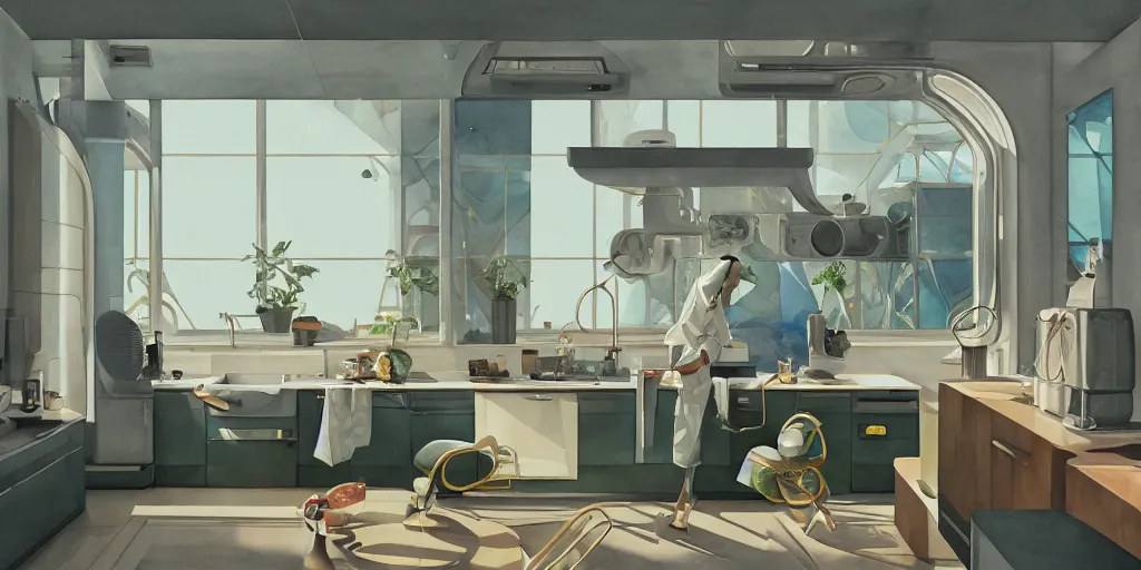 Image similar to a beautiful illustration of futuristic kitchen, lots of furniture, big medium small, sacred geometry, golden ratio, in watercolor gouache detailed paintings, in style of syd mead, trending on artstation, 8 k, panel, hard surface, wallpaper, zaha hadid, scattered props, plant, cozy, decoration, simon stalenhag, wes anderson