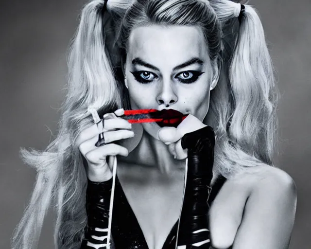 Margot Robbie as a harley quinn smoking a cigarette, | Stable Diffusion ...