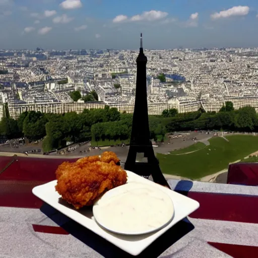 Image similar to fried chicken on top of the eiffel tower