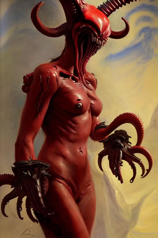 Image similar to painted close - up portrait of a very attractive red - skinned intimidating demon alien - xenomorph queen with ram horns! oil painting, wearing a noblewoman's outfit, fantasy art by john singer sargent and gaston bussiere and james jean and greg rutkowski, demon noble character design, hd