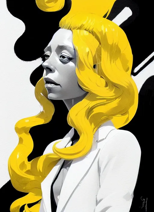 Image similar to highly detailed closeup portrait of beautiful portia doubleday, blonde wavy hair, angela moss, white suit by atey ghailan, by greg rutkowski, by greg tocchini, by james gilleard, by joe fenton, by kaethe butcher, gradient yellow, black and white color scheme, grunge aesthetic!!! ( ( graffiti tag wall background ) )