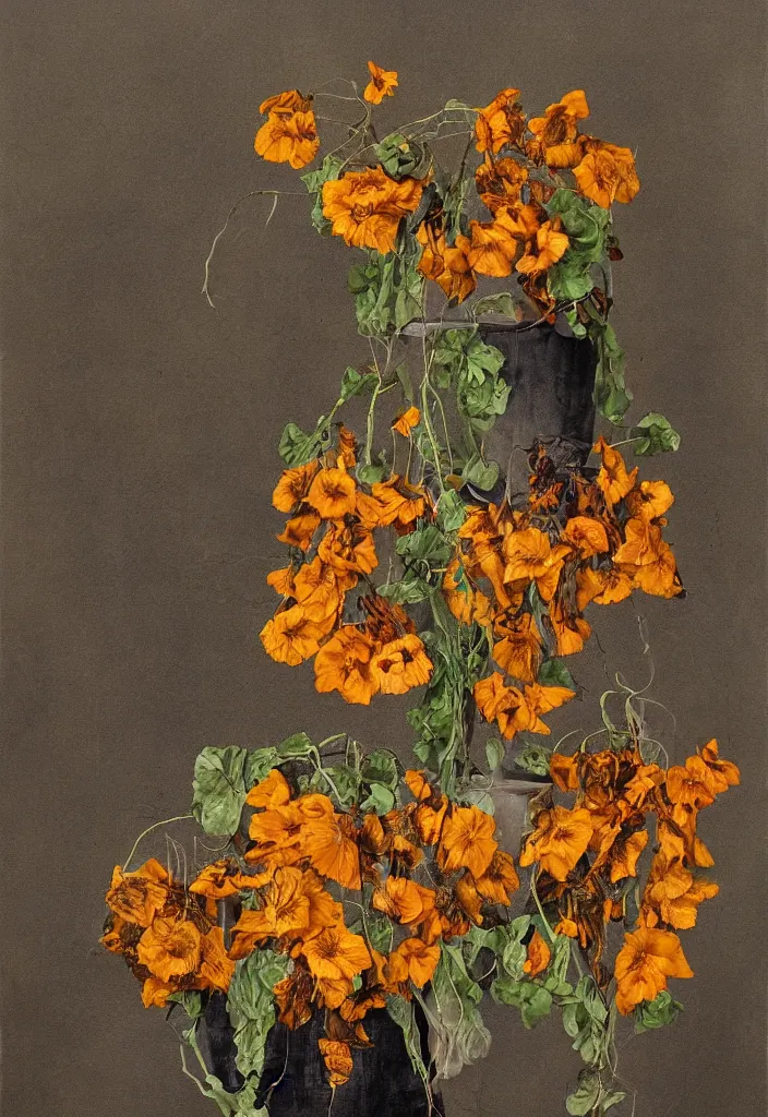 Image similar to award winning fine artwork about withered sunflowers and dry nasturtiums with vines, dark tones