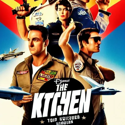 Prompt: The Incredible poster for KITCHEN GUN (peter serafinowicz) vs TOP GUN (tom cruise) universalpictures 4k