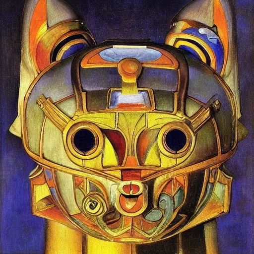 Image similar to masterpiece painting of a bejeweled mechanical robot cat head, by annie swynnerton and diego rivera and nicholas roerich and jean delville, symbolist, dramatic lighting, god rays, elaborate geometric ornament, art brut, rich colors, smooth, sharp focus, extremely detailed, adolf wolfli and ( donato giancola )