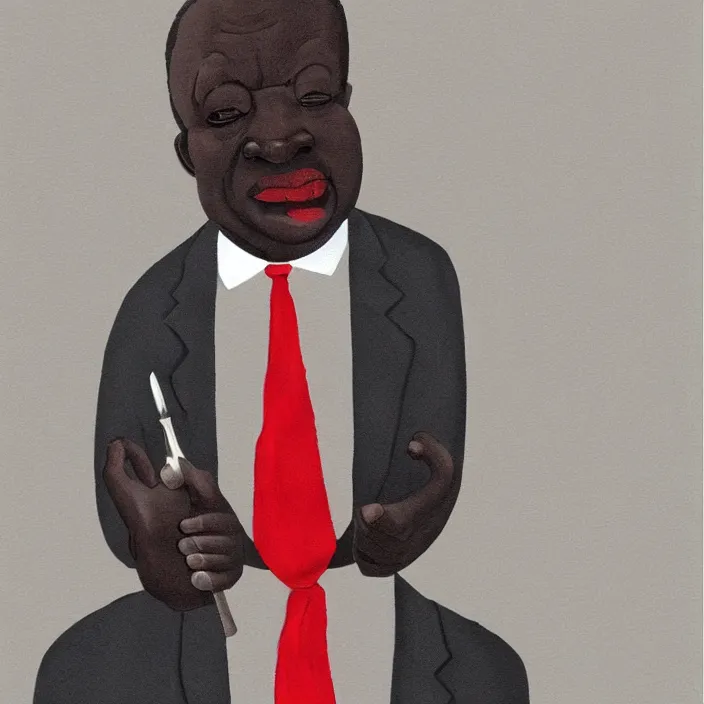 Image similar to a fatherly, aquiline nose, wide forehead, round face, XXL , loving, caring, generous, ever-present, humble, wise elder from Kenya with a friendly expression in a grey suit and red tie painted by Kara Walker. Fatherly/daddy, focused, loving, leader, relaxed,. ethereal lights, details, smooth, sharp focus, illustration, realistic, cinematic, artstation, award winning, rgb , unreal engine, octane render, cinematic light, macro, depth of field, blur, red light and clouds from the back, highly detailed epic cinematic concept art CG render made in Maya, Blender and Photoshop, octane render, excellent composition, dynamic dramatic cinematic lighting, aesthetic, very inspirational, arthouse.