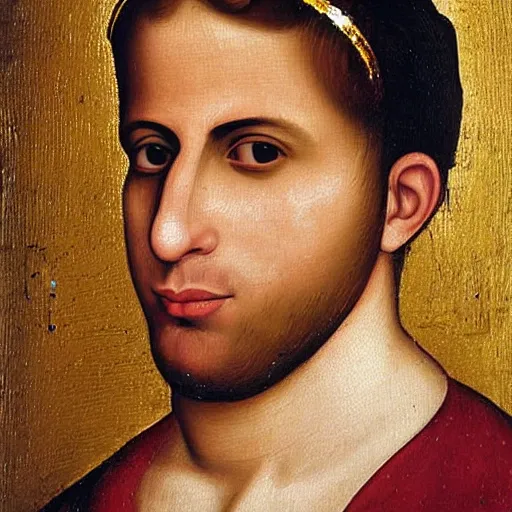 Prompt: head and shoulders portrait of bachir gemayel wearing a chestplate and using gold jewelry over his forehead, renaissance art