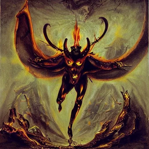 Image similar to hornet headed demon in a Dante’s inferno hellscape, molten, reflections, flames, shadows, intricate detail, famous painter,