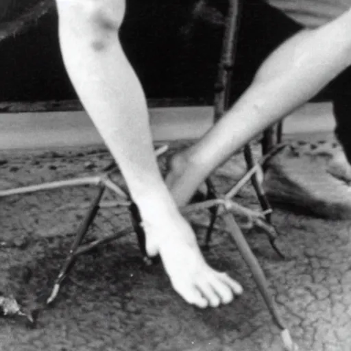 Image similar to The first known case of a man born with spider legs, circa 1982, photograph