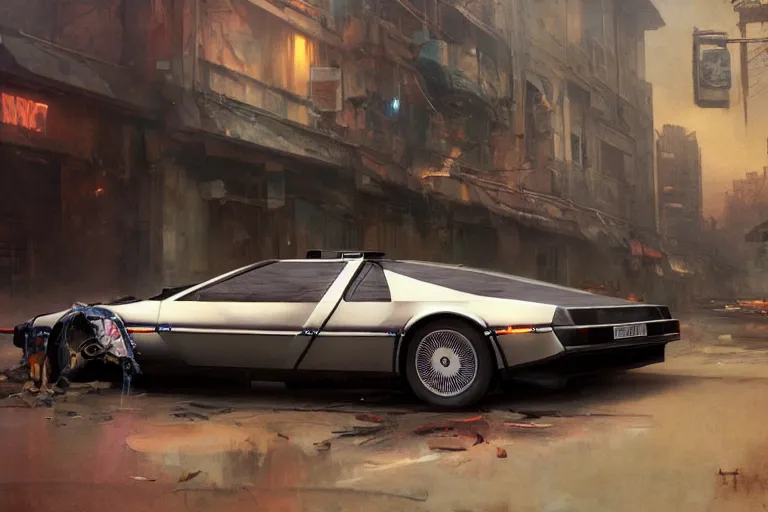 Image similar to photograph of the delorean, with a sleek spoiler, driving down the streets of a cyberpunk abandoned city, by greg rutkowski, by stanley artgerm, by alphonse mucha