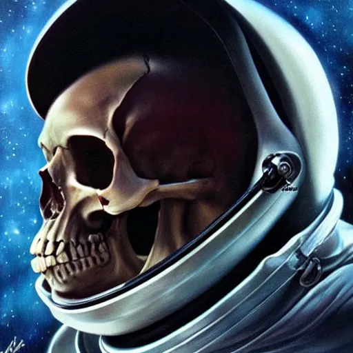 Image similar to skull in astronaut helmet detailed, epic masterpiece of cinematographic hyperrealism, realistic shaded lighting poster by craig mallismo, artgerm, jeremy