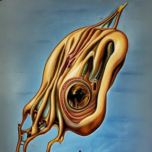 Image similar to painting of an alien spaceship made of flesh and exoskeleton, in the style of salvador dali