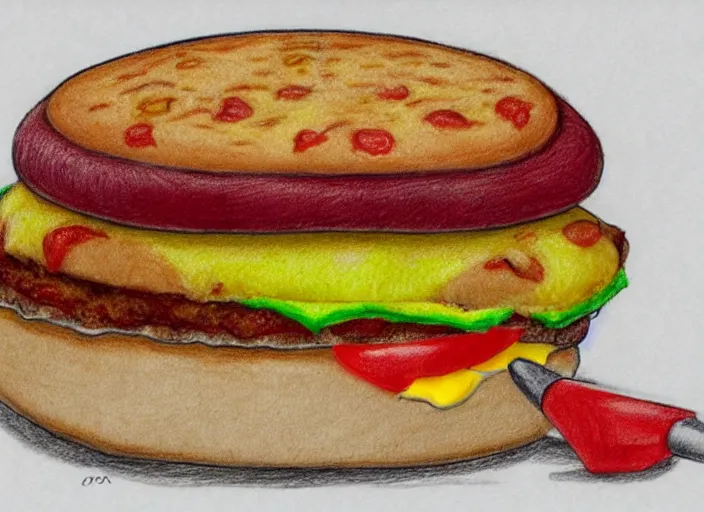 Image similar to a pizza eating a small burger, colorfull pencil drawing