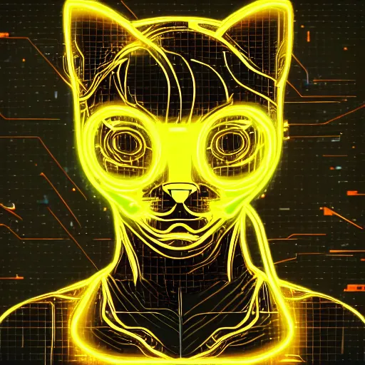 Prompt: a cute cyberpunk kitten, clear vector, vectorial curves, sci-fi, close-up, cybernetic implant, neon, cyberpunk, center frame portrait, 2D, matte-painting