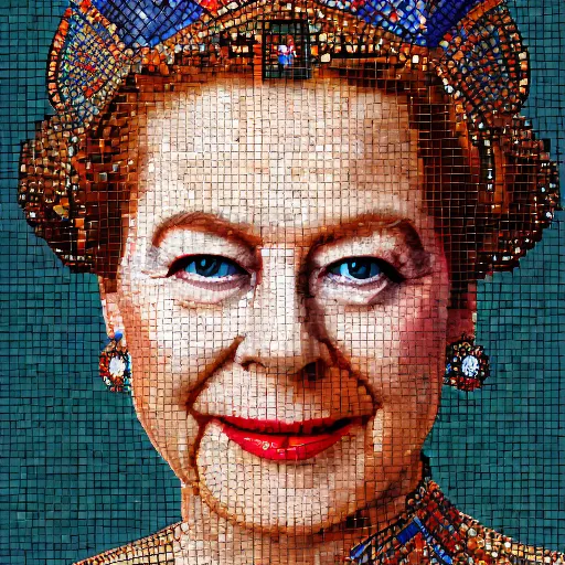 Prompt: mosaic portrait of a beautiful queen elizabeth with robot ears by Saimir Strati, 4k, intricate details, digital, water