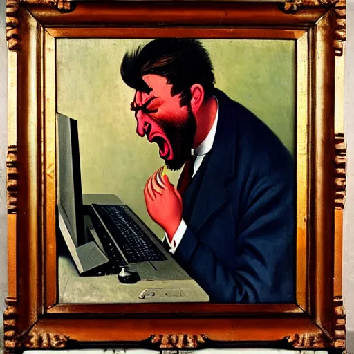 Image similar to an angry man yells at his computer monitor, oil on canvas, 1 9 0 1