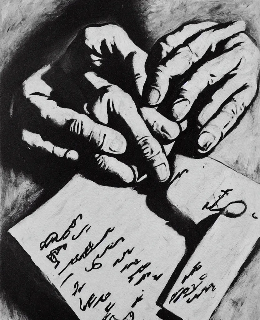 Prompt: a painting of soldier's hands writing a sad letter in el alamein battle, wwii,, black and white, bauhaus