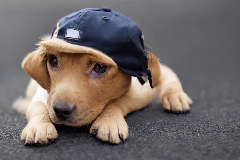 Image similar to puppy with a cool baseball cap, 4k