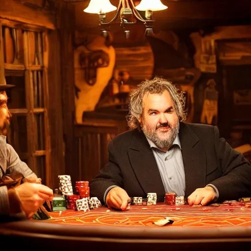 Prompt: Peter Jackson playing poker in wild west saloon, feature shotguns, dramatic lighting