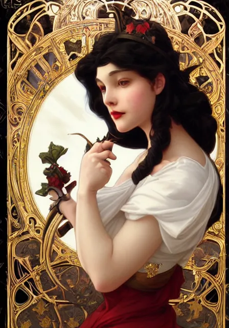 Image similar to snow white and evil queen, intricate, elegant, highly detailed, digital painting, artstation, concept art, smooth, sharp focus, illustration, art by artgerm and greg rutkowski and alphonse mucha and william - adolphe bouguereau