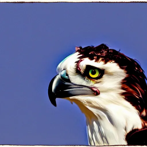 Image similar to extremely detailed cartoon osprey looking directly into camera psychedelic