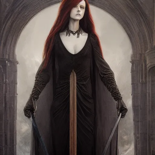 Image similar to ultra realist soft painting portrait of a single gothic mage in a full long curvy slim dress in Demon Souls, thin long auburn hair, symmetry accurate features, very intricate details, volumetric lighting, by Tom Bagshaw Boris Vallejo