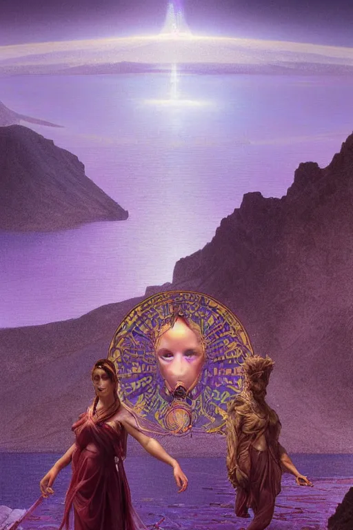Image similar to Concept Digital Art Highly detailed Alien Deco, Riza 4, lake inside of mount Vesuvius with glowing purple water at midnight, starfleet shore leave, by greg rutkowski, alphonse mucha, and Edmund Blair Leighton. Very highly detailed 8K, exquisite rendering, octane, drum scanner, Digital painting, the golden ratio, rational painting, sharp
